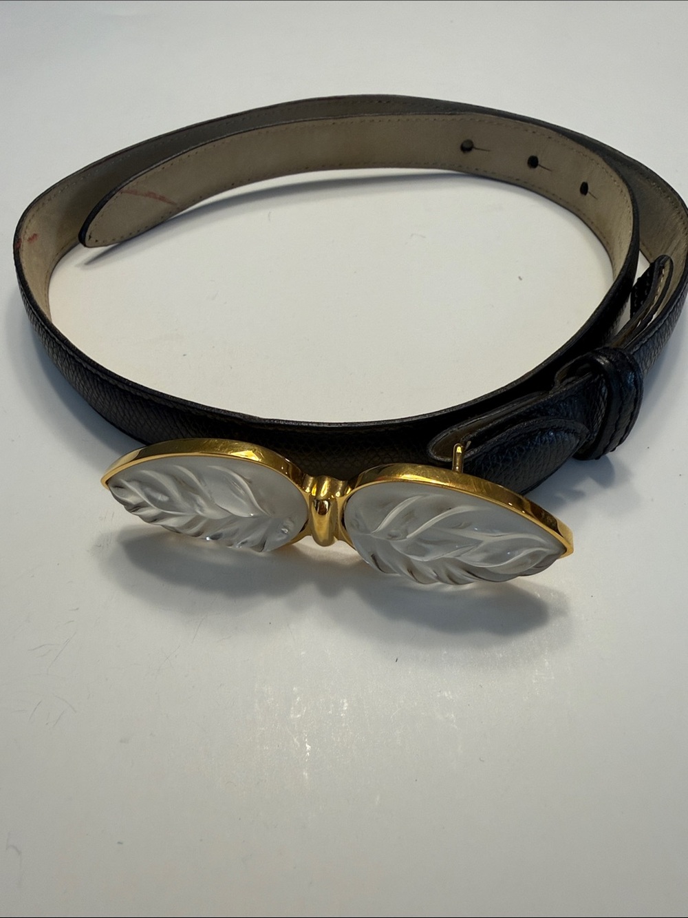Lalique Black Leather Belt with Gold-Tone & White Leaf Buckle